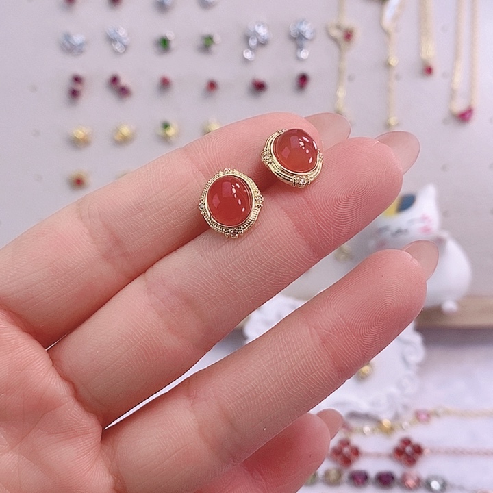南红玛瑙耳饰银S925镀金镶嵌