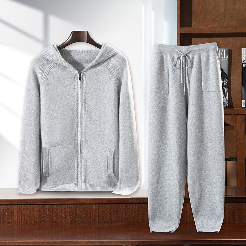 【轻奢臻品】新品羊绒连帽开衫+小脚裤男士休闲百搭针织羊绒衫套装