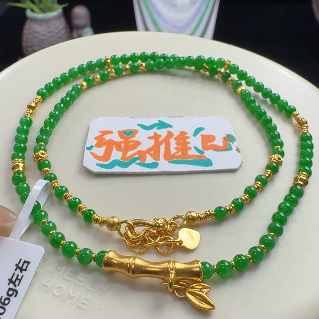 足金镶嵌手串翡翠冰胶浓阳绿2.9到3.3（足金4.06克左右