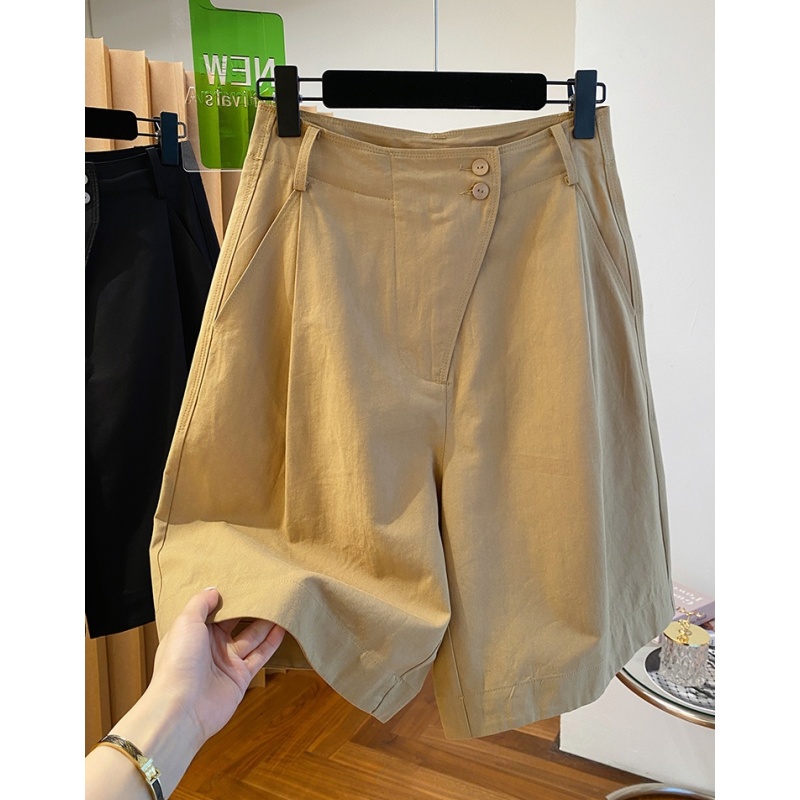 P083黑色工装中裤五分短裤女夏季新款宽松薄款高腰a字版阔腿裤潮