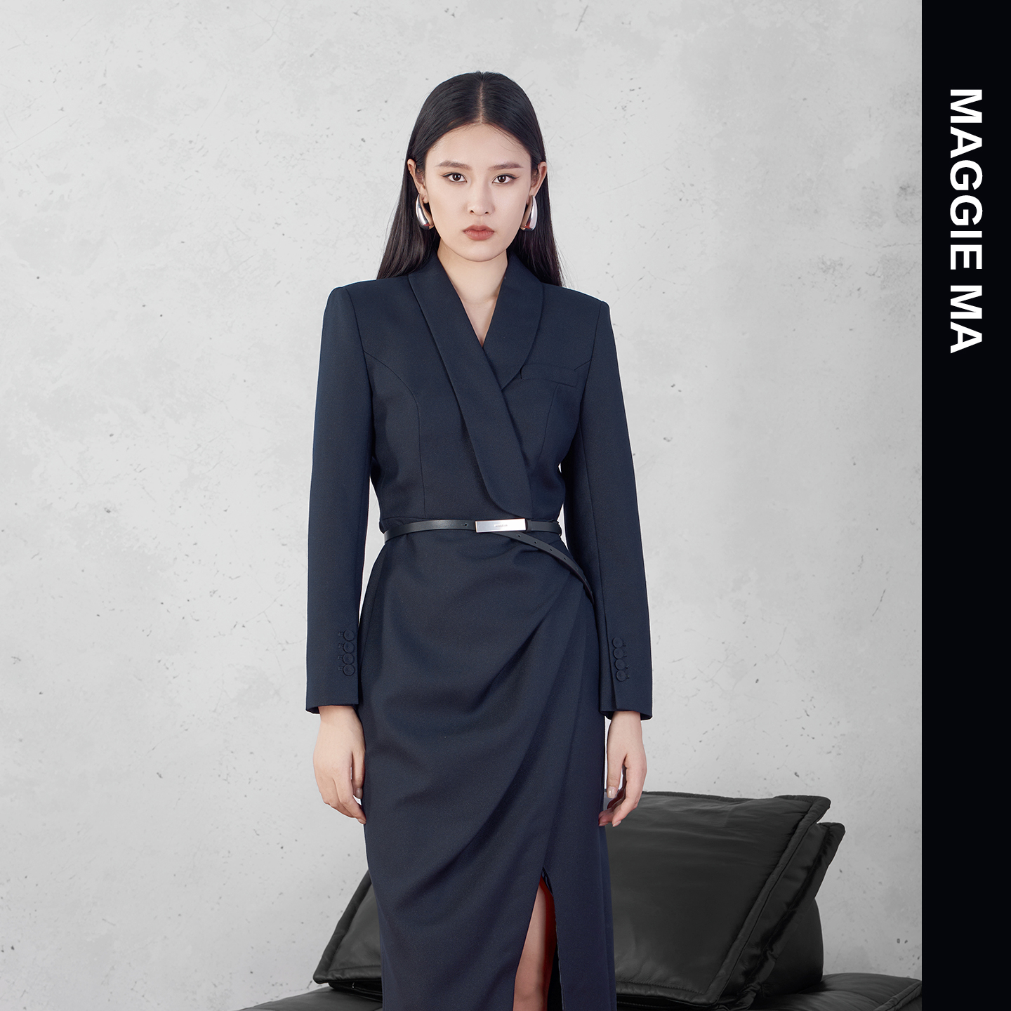 MAGGIE MA马婧设计师款灰蓝低调内敛气质压褶连衣裙522D