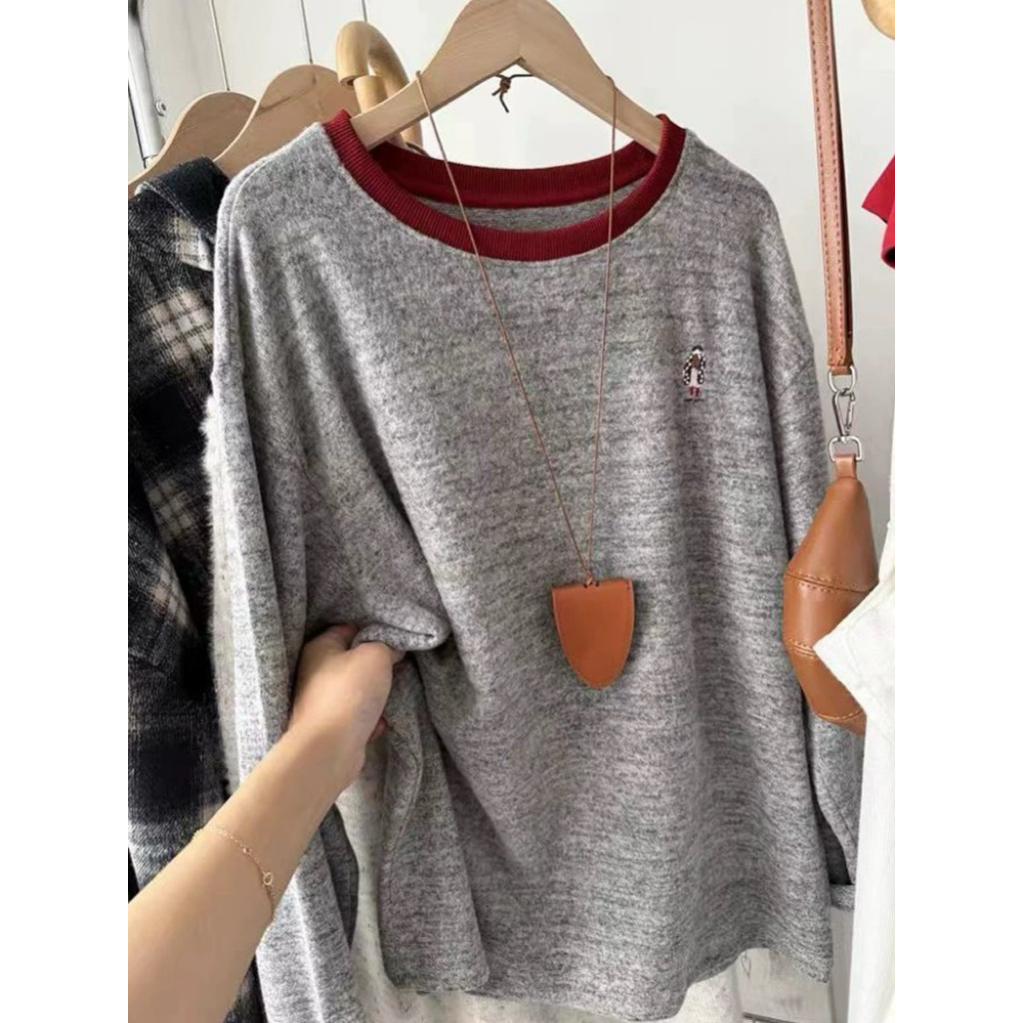 韩版刺绣人物图案仿羊绒刺绣宽松慵懒软软糯糯羊绒手感休闲圆领