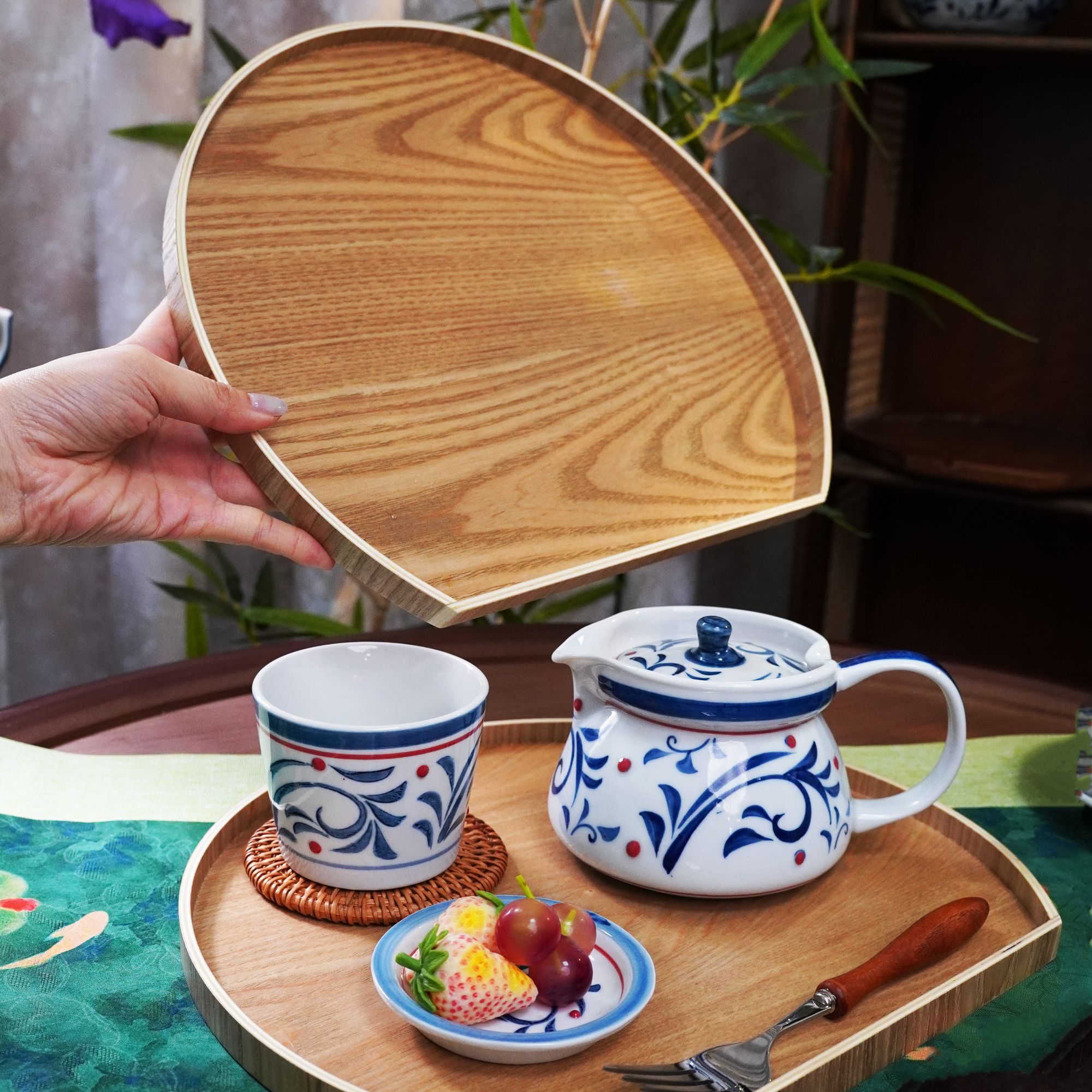 RIGEIAN/瑞涧曲柳木托盘半圆托盘手工复古家用中式大号创意托盘