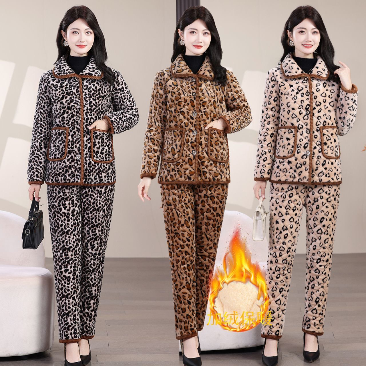 中老年妈妈时尚保暖豹纹加绒加厚冬季外套棉衣套装外穿