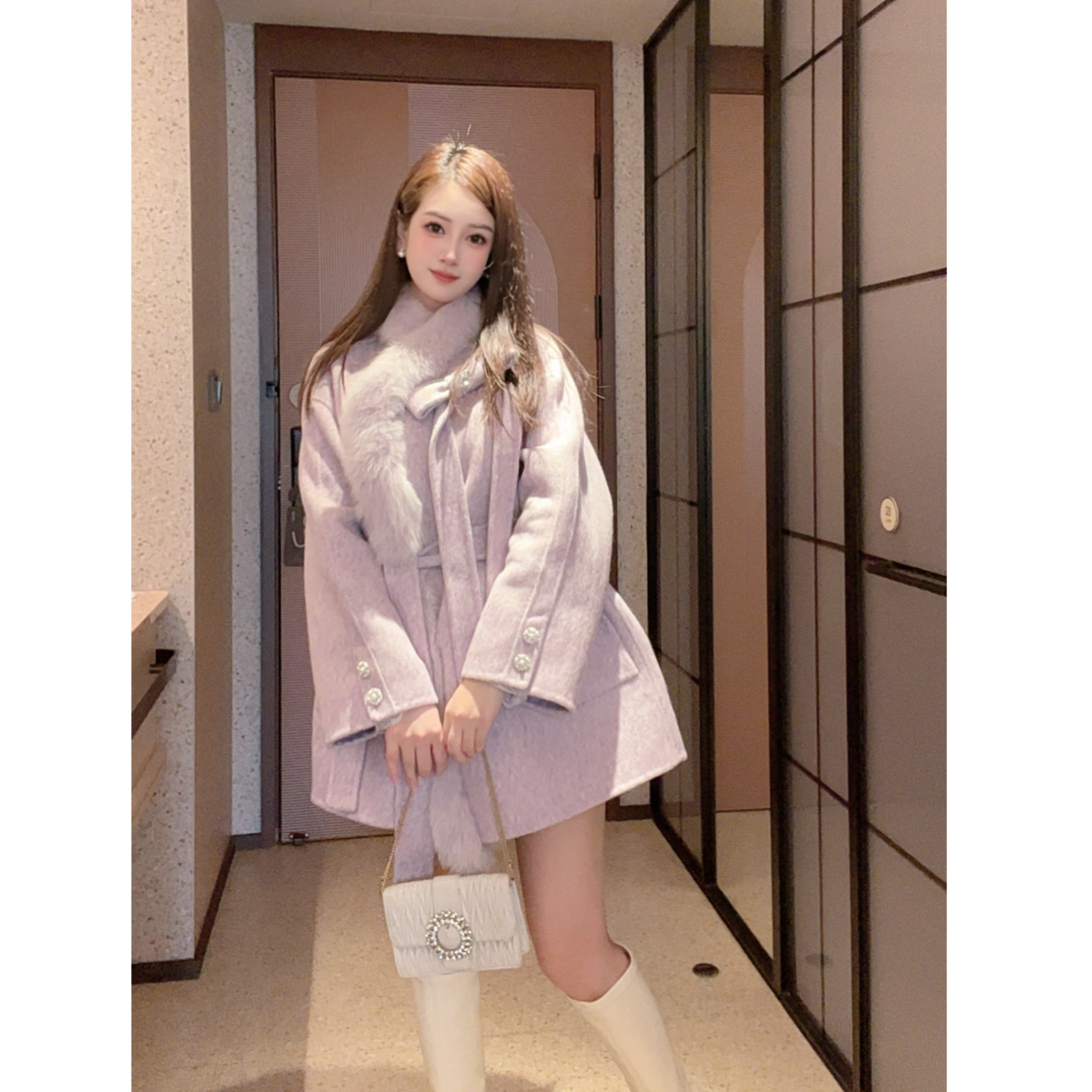 2025冬季新款狐狸毛羊毛双面呢大衣蝴蝶结毛呢斗篷外套