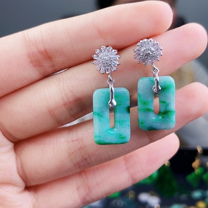 翡翠耳饰银S925镶嵌饰品