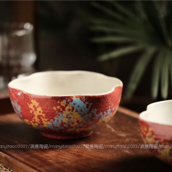 5英寸红敦煌花口碗 W0366