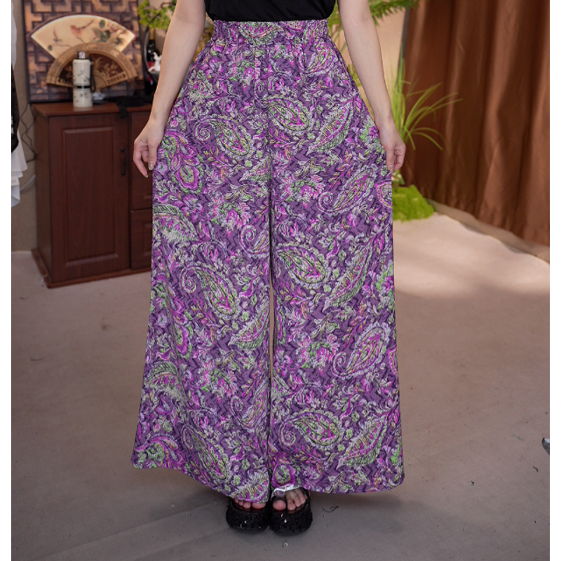 056/时尚大码气质紫色腰果花阔腿裤花契女王品质爱美松紧腰舒适 C