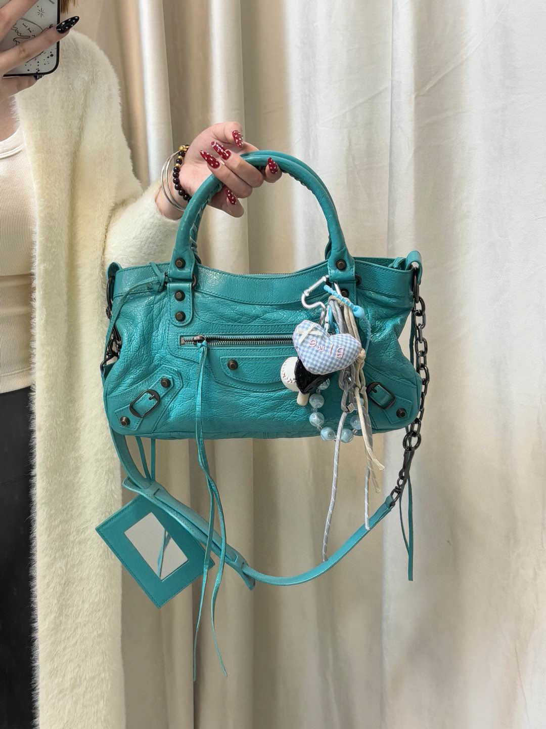 95新 Balenciaga/巴黎世家 巴黎世家 湖水蓝中号机车单肩包