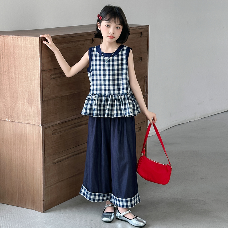 女童夏装套装2025新款儿童洋气时髦格子背心女孩夏季薄款两件套