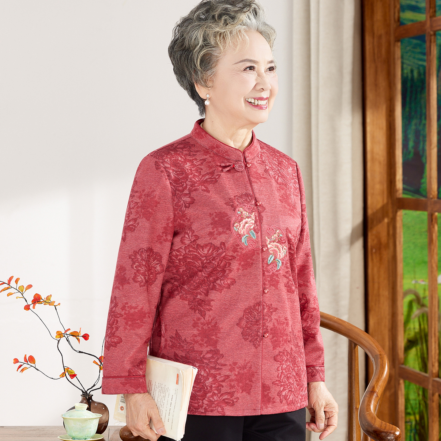 喜庆老年人秋装女奶奶长袖衬衫老太太妈妈秋季唐装薄外套2025新款