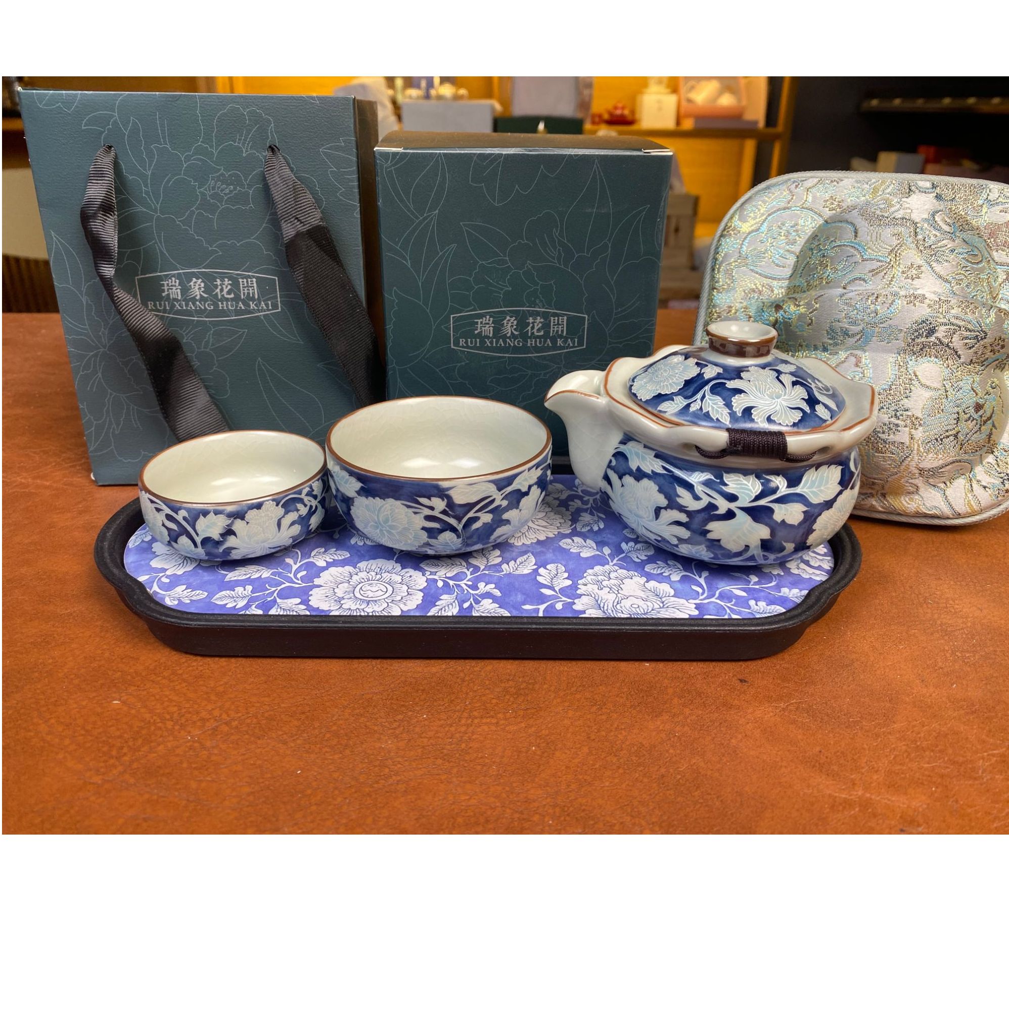 ZH4253丰序元青花手抓宝瓶带两杯带茶盘复古青花便携旅行茶具