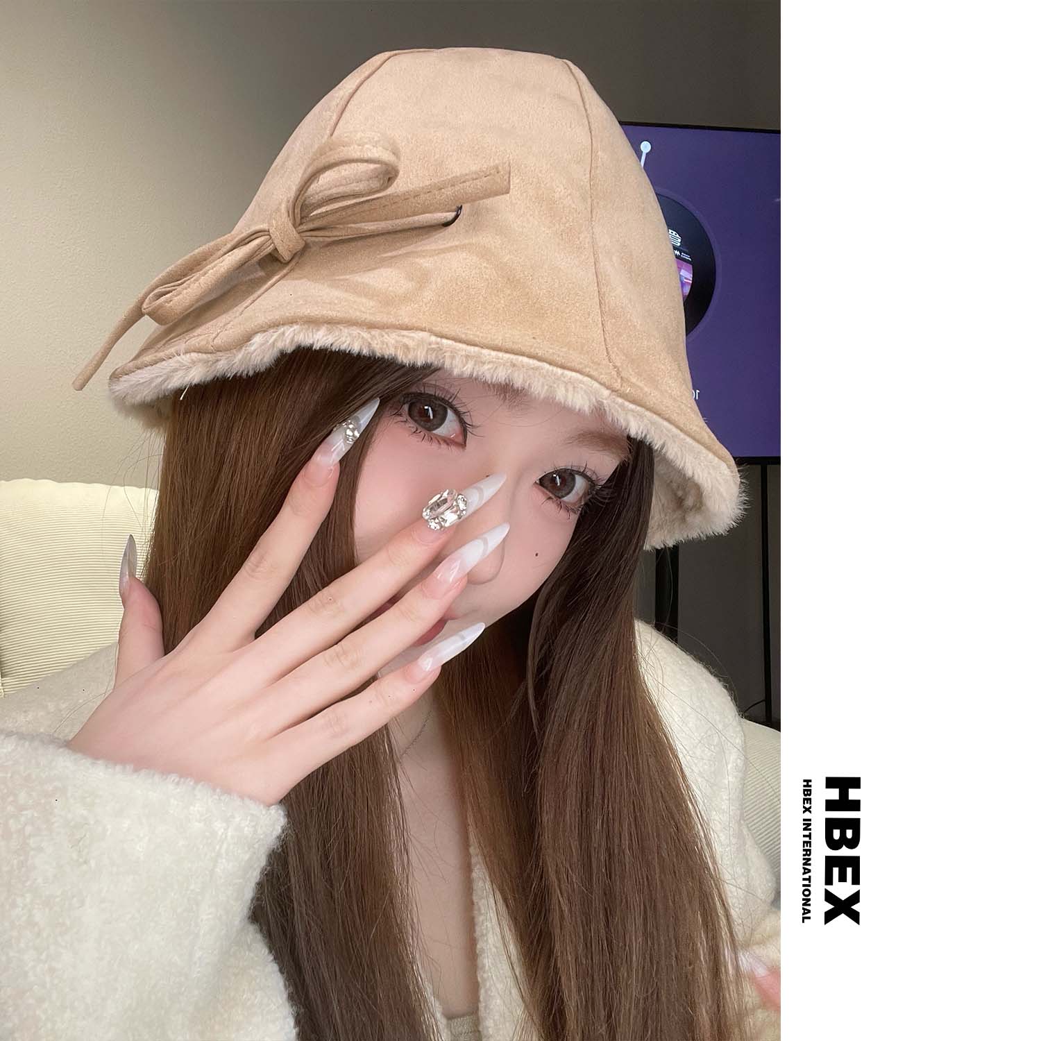 HBEX麂皮绒渔夫帽子女秋冬季韩百搭显脸小毛绒保暖盆帽素颜水桶帽