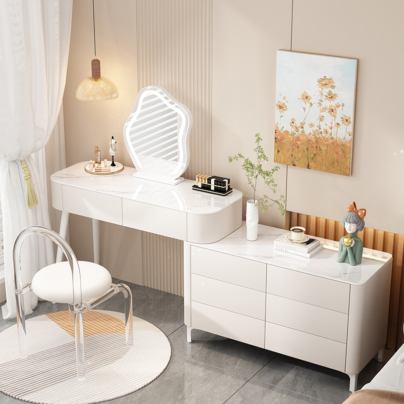实木岩板奶油风梳妆台现代简约卧室家用化妆台转角斗柜一体