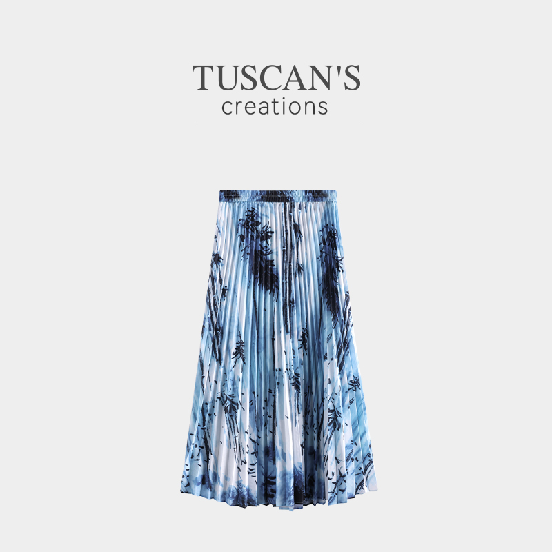 TUSCAN'S CREATIONS夏装半身裙印花优雅风花色高腰百褶裙时代双鱼