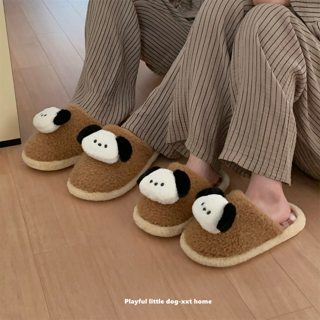 休闲家居软萌小狗情侣棉拖鞋男女防滑冬季可爱舒适个性包头毛毛鞋