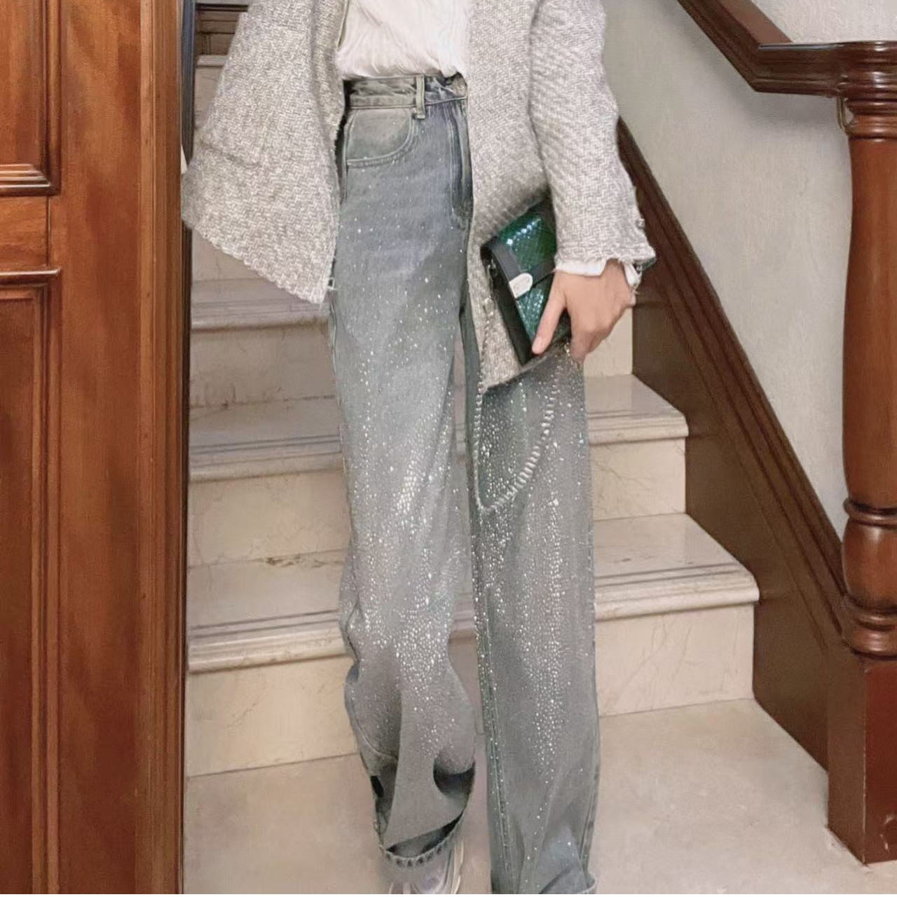 【繁星】冬季设计师定制高温手工烫钻直筒牛仔裤休闲气质裤子阔腿