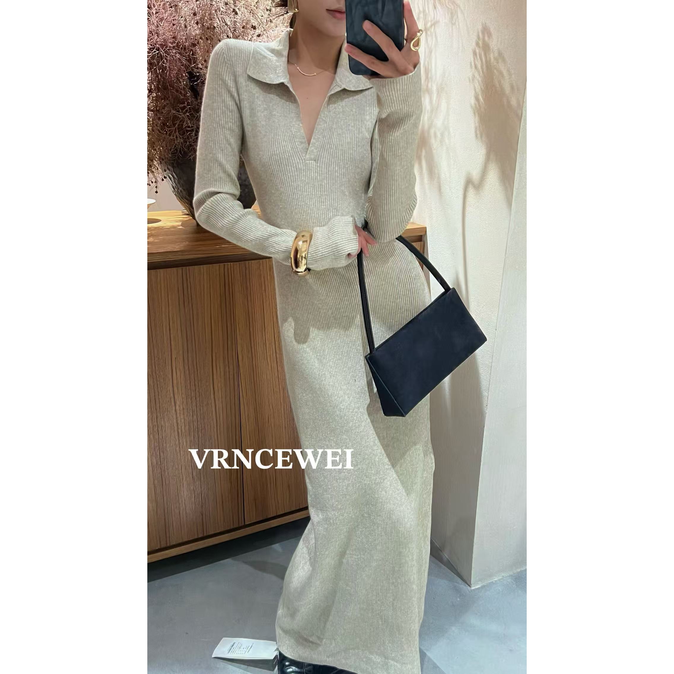 爱唯依（F）-衬衫V领！修身长款针织针织连衣裙（657R5210#）VRNCEWEI