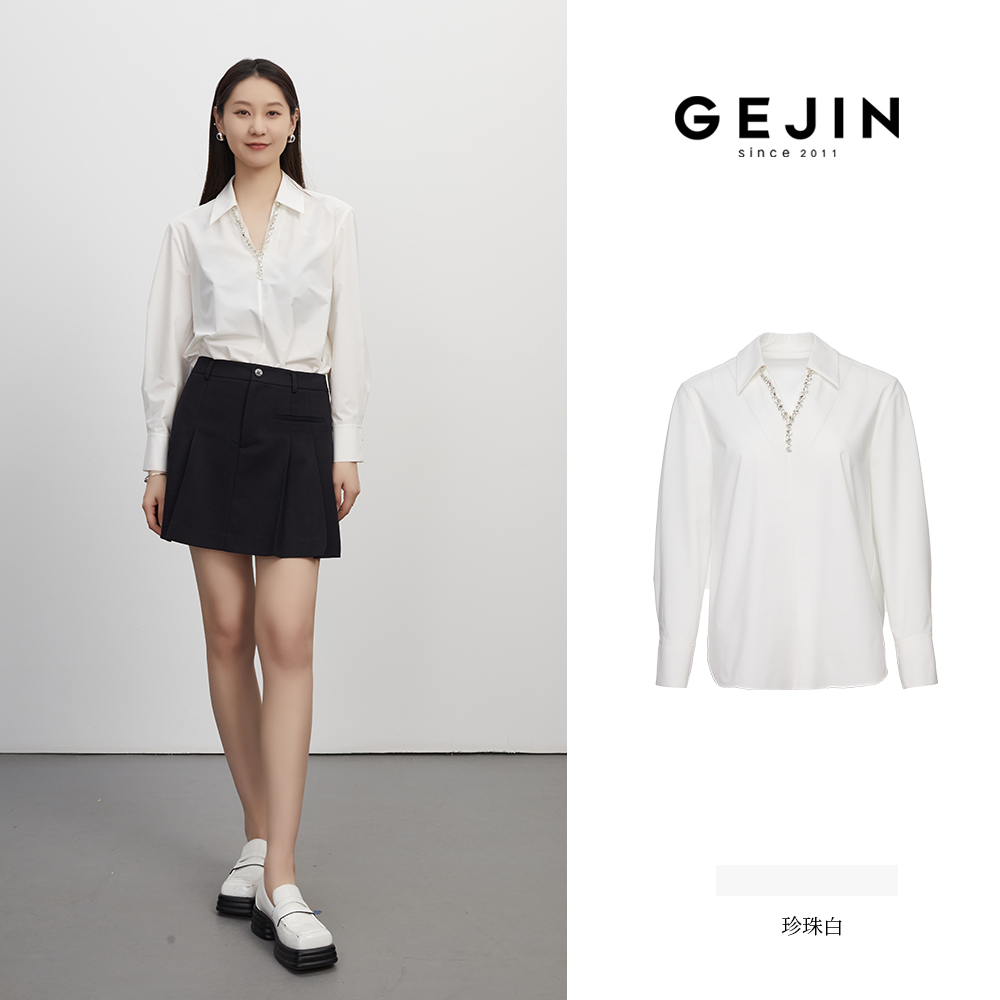 GEJIN/歌锦新款珠链小V翻领时尚气质款百搭衬衫9312520383