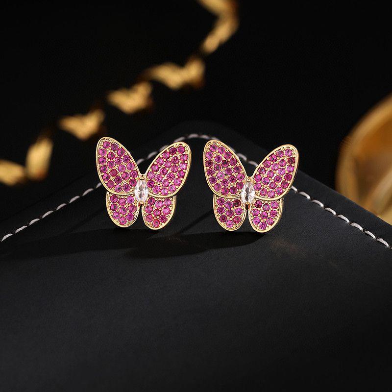 铜合金合成锆石耳饰 满镶蝴蝶耳钉粉色A365
