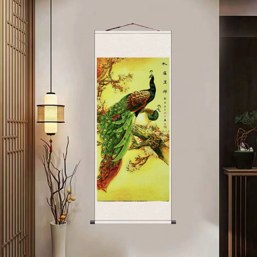 孔雀呈祥155cm*60cm已装裱客厅卧室玄关书房装饰挂画