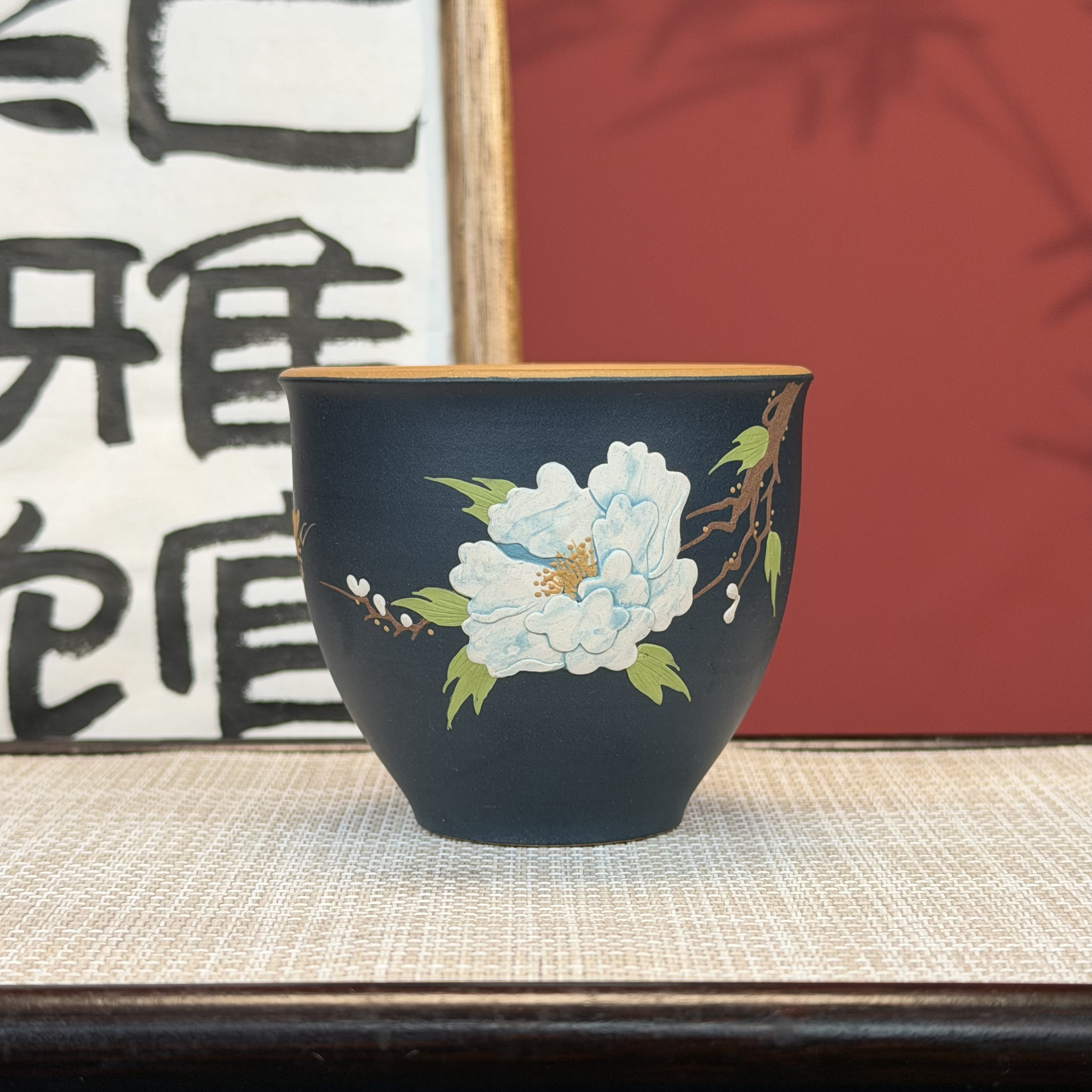 宜兴原矿紫砂黄金段主人杯手工粉浆泥绘牡丹小容量精致品茗杯茶具