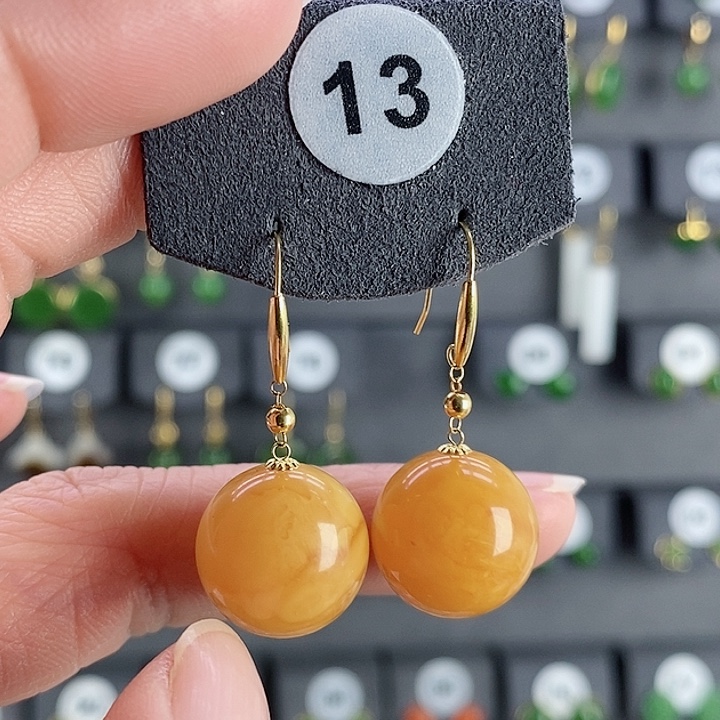 蜜蜡耳饰18K金镶嵌耳饰