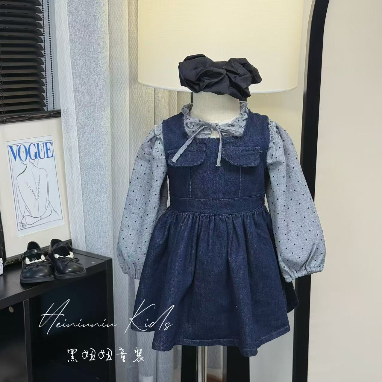 【黑妞妞】中小童休闲套装2025新品秋季软牛仔背带裙两件套LH18128
