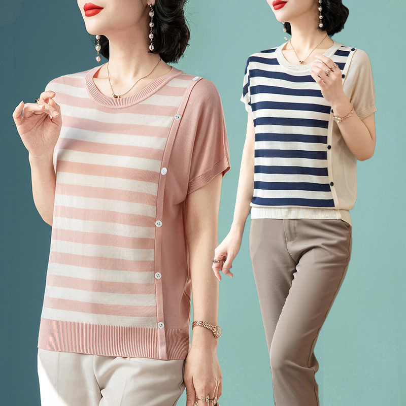 2025母亲节中年妈妈装胸前条纹显瘦休闲女针织衫8976洋气