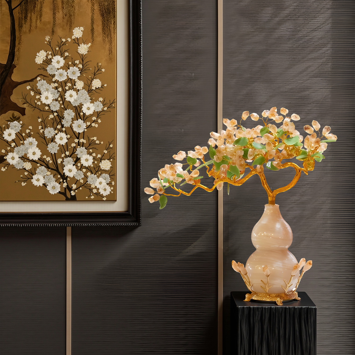 【本尼家】SS87中式玉石福禄葫芦金枝玉叶办公室创意玄关摆件