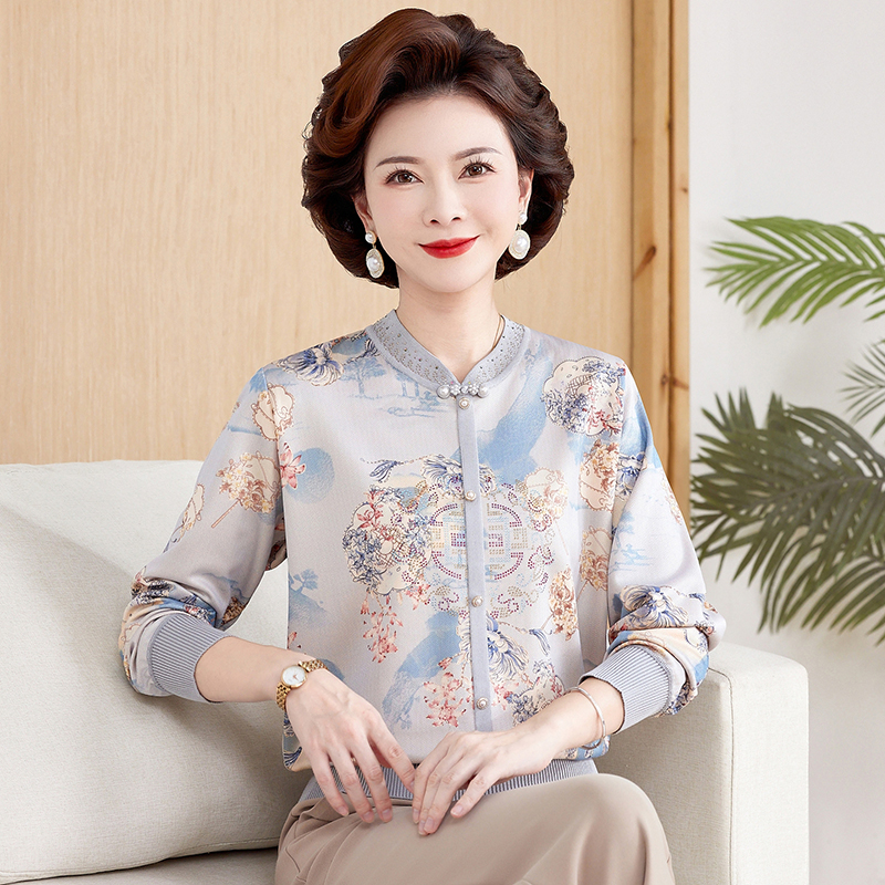 妈妈装春秋新款长袖T恤小衫5060岁中老年奶奶装薄款宽松女装上衣