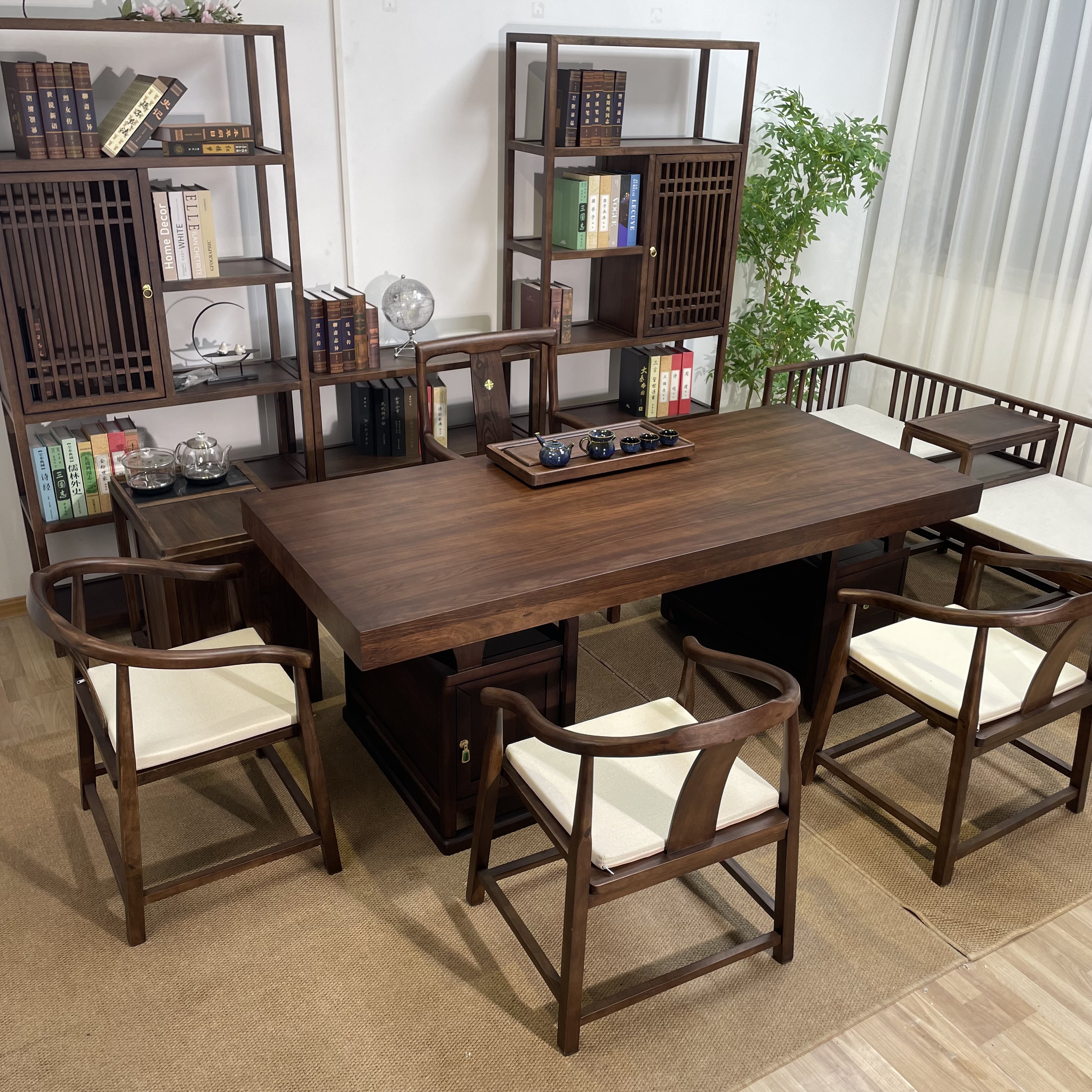 乌金木实木茶桌组合一桌五椅新中式客厅办公家用茶桌实木整板茶台