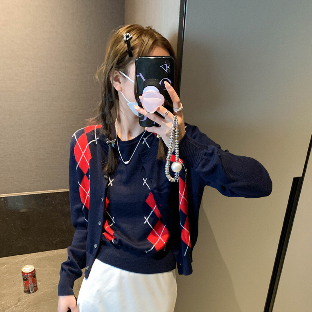 美式少女菱格针织两件套短袖开衫
