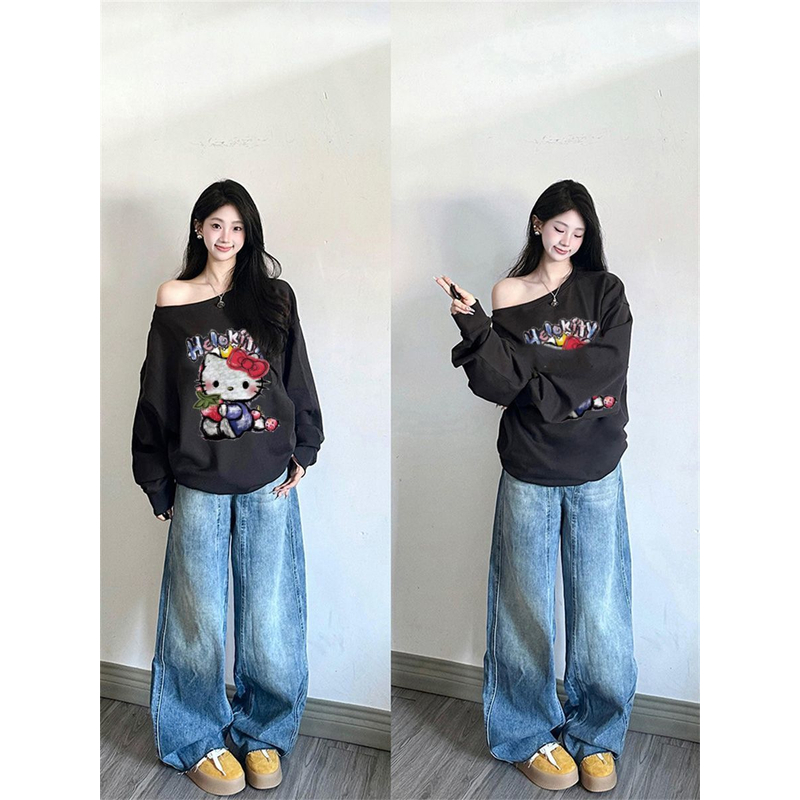 【ZHAP】斜领露肩百搭卫衣女秋季新款通勤欧美风多巴胺穿搭清新宽松