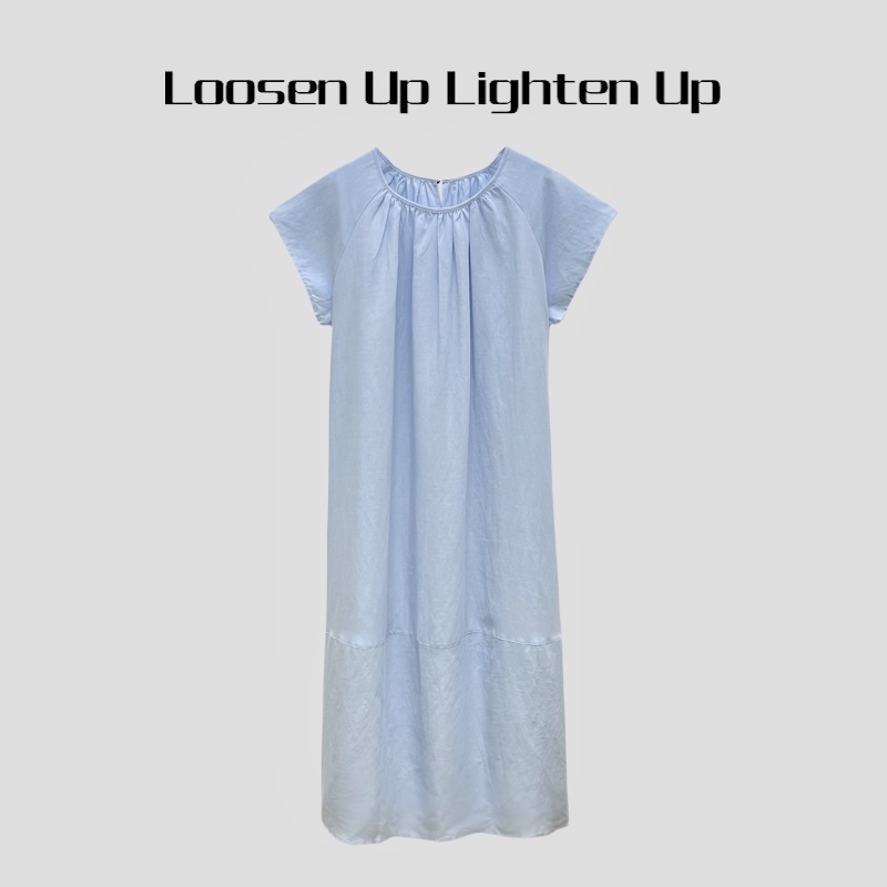 Loosen Up【自由简意】天丝亚麻法式极简领口抽褶设计小飞袖连衣裙