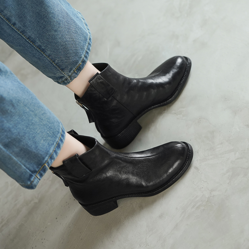 4cm/软底软面粗跟短靴女轻奢厚底骑士靴百搭冬季加绒短筒皮靴子女