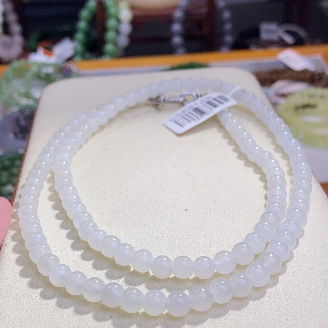 和田玉新疆银镶羊脂白玉项链6MM未镶嵌