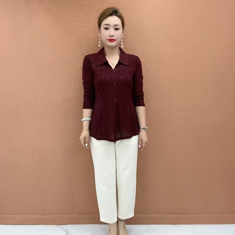中老年女装初秋妈妈装遮肚印花衫修身小衫春季针织