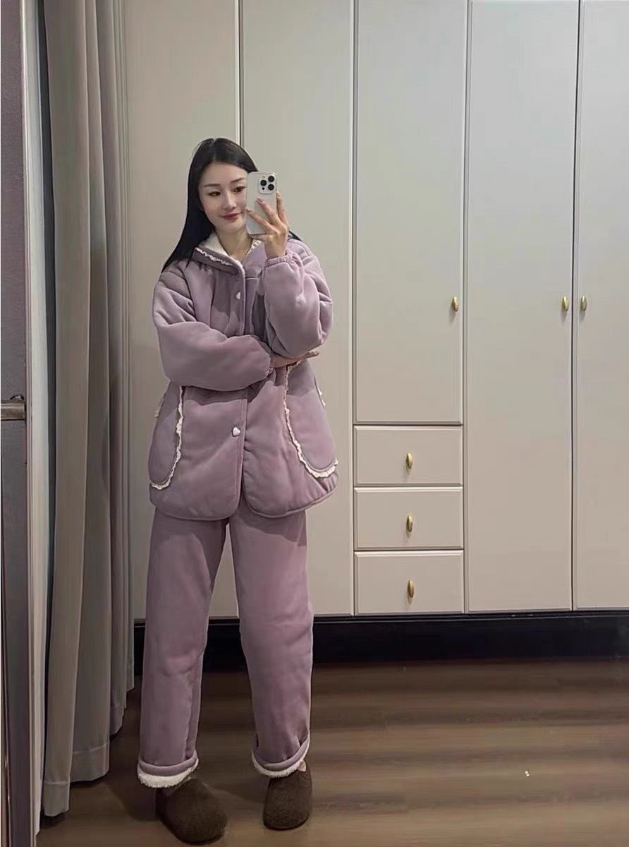 三层连帽自制睡衣女冬季新款奥利绒三层加厚夹棉可外穿家居服套装