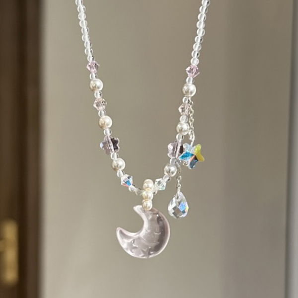 tx1269-[星月相伴]天然粉水晶胖月亮手工雕刻s925银项链