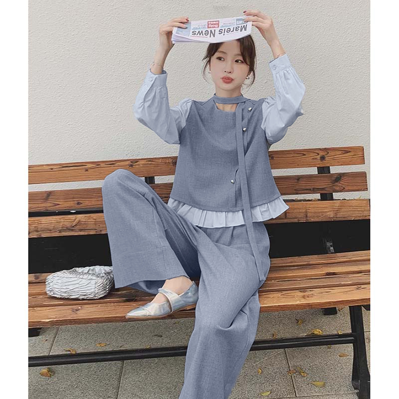 【两件套】小香风套装女春秋2025新款假两件上衣阔腿裤两件套JT0021