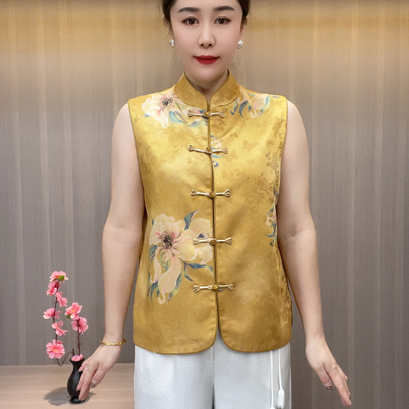 8678新款春夏马甲立领中老年时尚黄马夹中式名族风盘扣气质妈妈装
