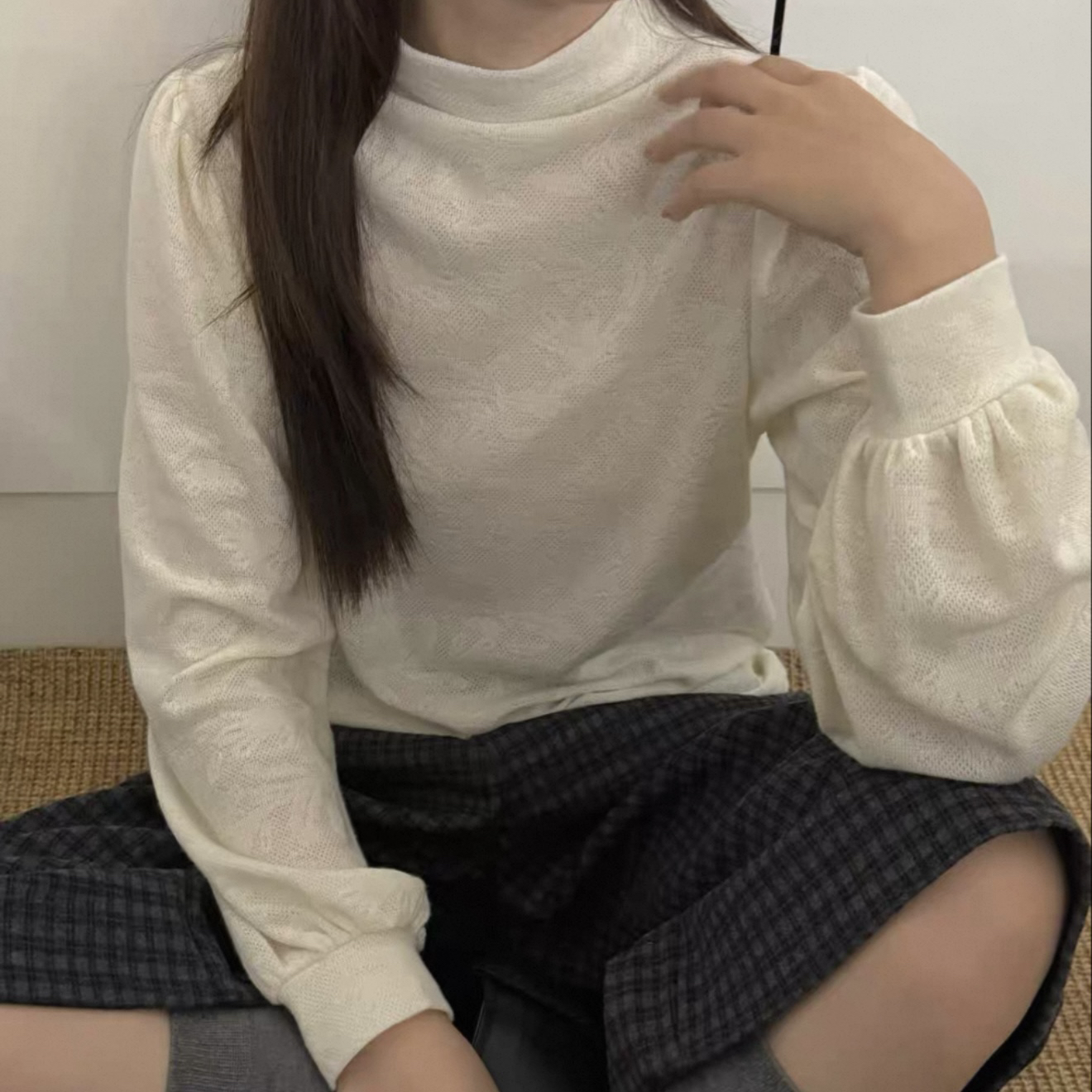 【法式打底】温柔风蕾丝打底衫镂空针织花公主袖半高领