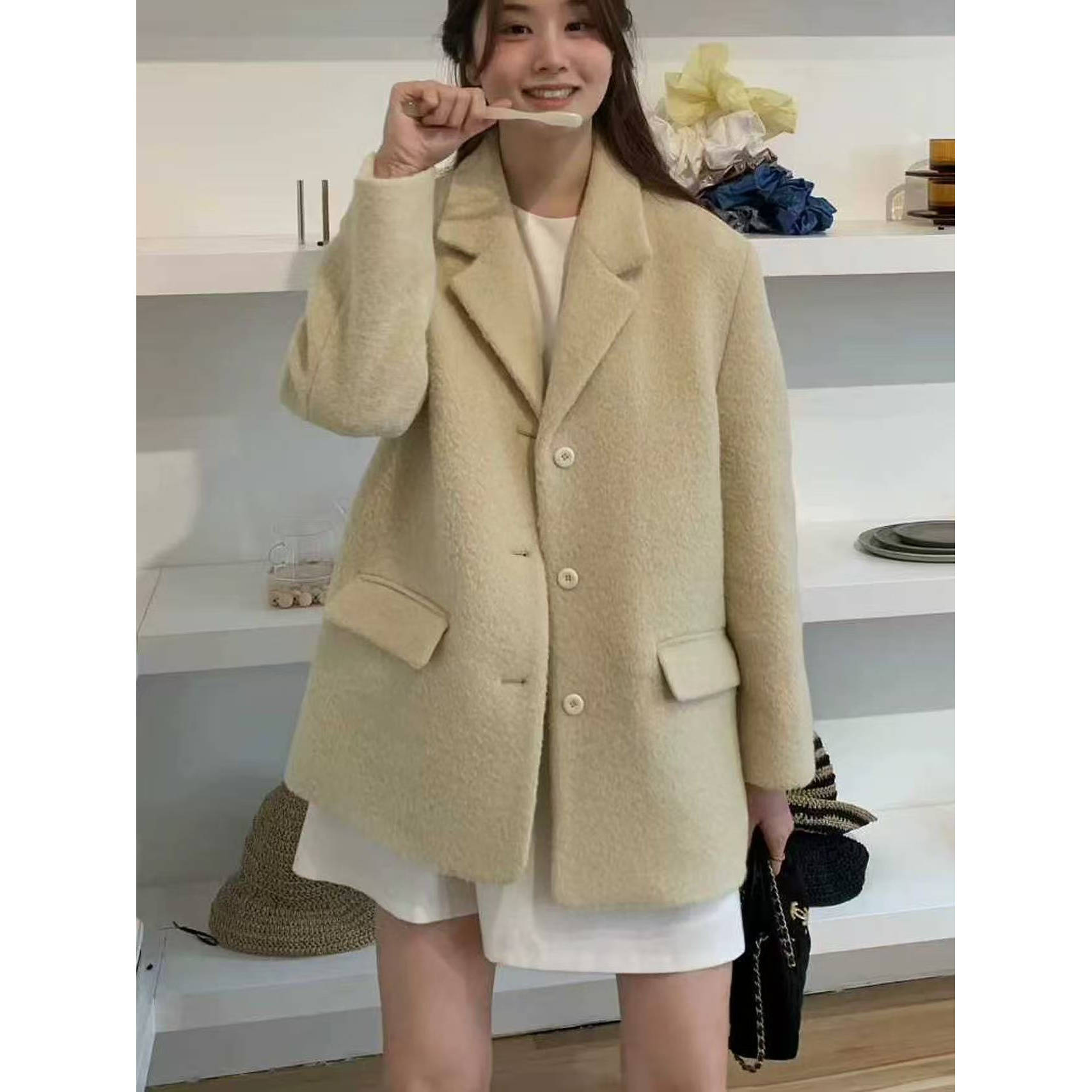 0570 Y58西装领口袋百搭呢子外套女8203