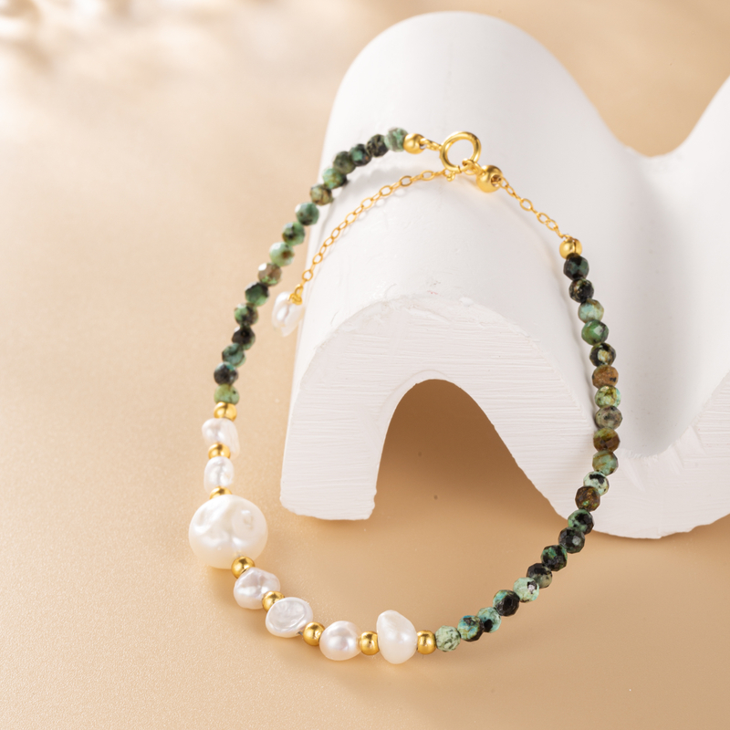 【松涧藏珠】随形珍珠绿松手链 S925银镀金镀金