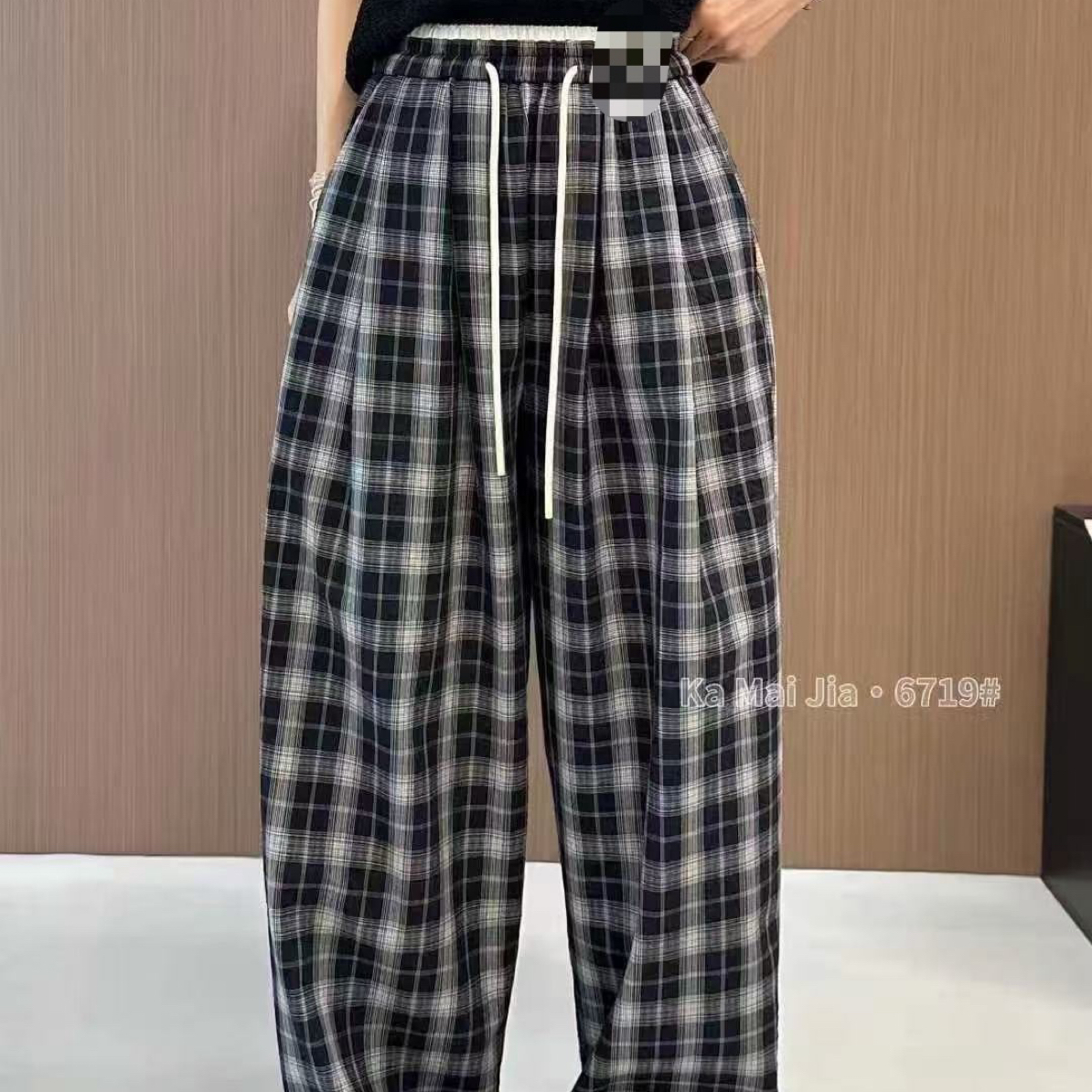 宽松显瘦百搭格子抽绳直筒休闲长裤时尚