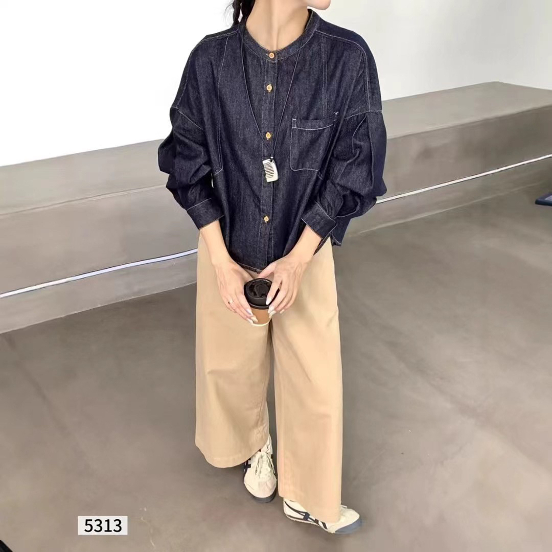 高品质设计感超好看廓形圆领长袖牛仔衬衫外套宽松上衣女装秋新款