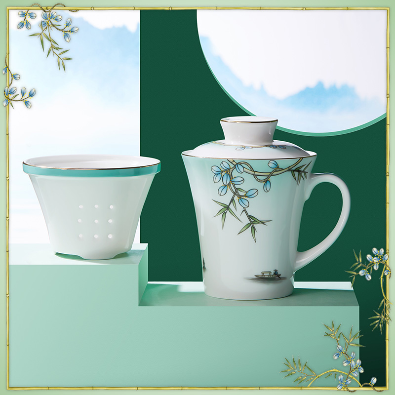 玛戈隆特西湖盛宴骨瓷大容量过滤带盖滤茶杯喝水办公杯