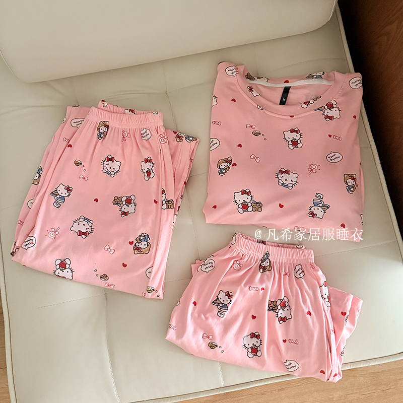 【粉色kt猫】莫代尔加胸垫凉感三件套女夏季卡通可爱可外出家居服