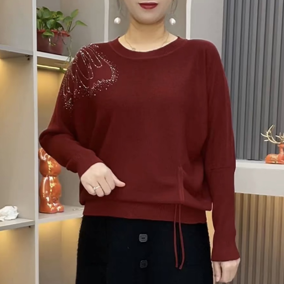 2025春季新款重工烫钻蝴蝶妈妈毛衣时尚洋气宽松遮肉抽绳针织衫女